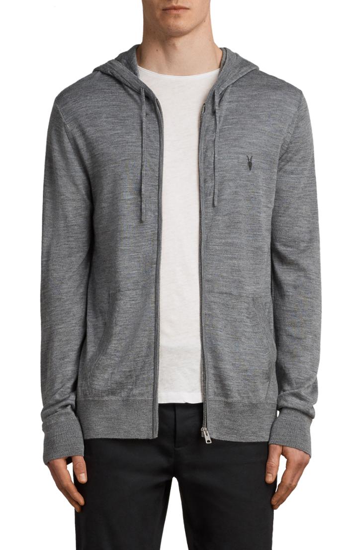 Men's Allsaints Mode Slim Fit Merino Wool Zip Hoodie, Size - Grey