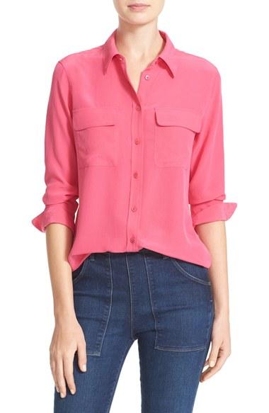 Women's Equipment 'slim Signature' Silk Shirt - Coral