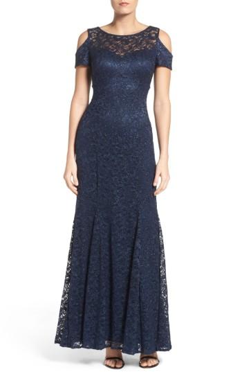 Women's Morgan & Co. Cold Shoulder Lace Gown /2 - Blue