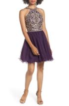 Women's Blondie Nites High Neck Applique Fit & Flare Dress - Purple