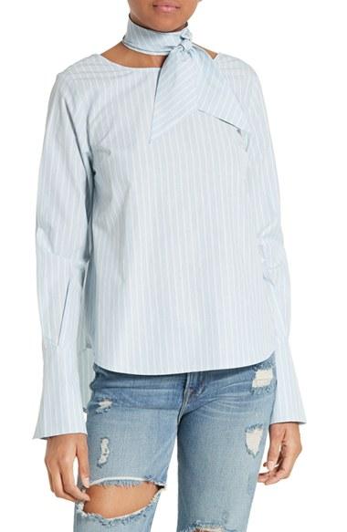 Women's Frame Stripe Cotton Tie Neck Blouse