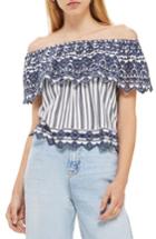 Women's Topshop Broderie Stripe Off The Shoulder Top Us (fits Like 2-4) - Blue