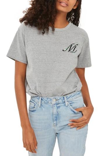 Women's Topshop Initial Embroidered Tee Us (fits Like 2-4) - Grey