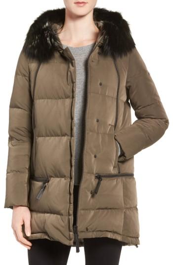 Women's Derek Lam 10 Crosby Relaxed Water Resistant Down Parka With Genuine Fox Fur Trim - Green
