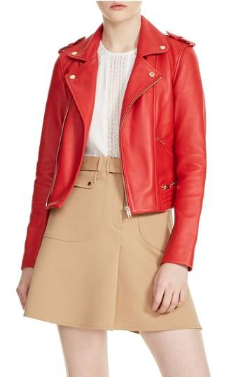 Women's Maje Basalt Leather Moto Jacket - Red