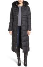 Women's Larry Levine Quilted Maxi Coat With Faux Fur Trim - Grey