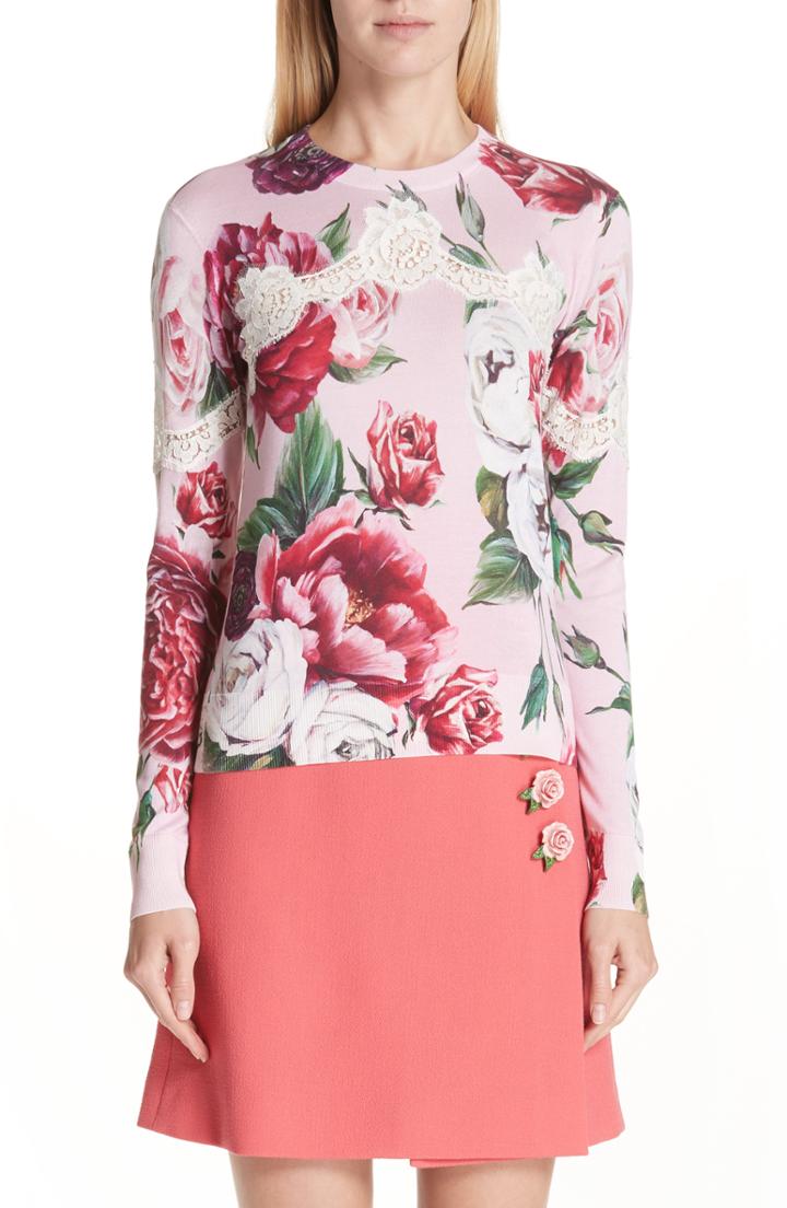 Women's Dolce & Gabbana Lace Inset Peony Print Sweater Us / 40 It - Pink