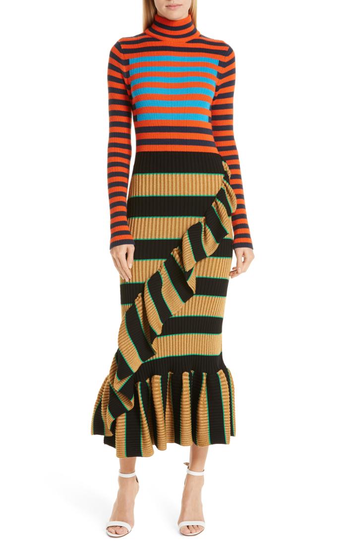 Women's Kenzo Mixed Stripe Ruffle Trim Sweater Dress - Black