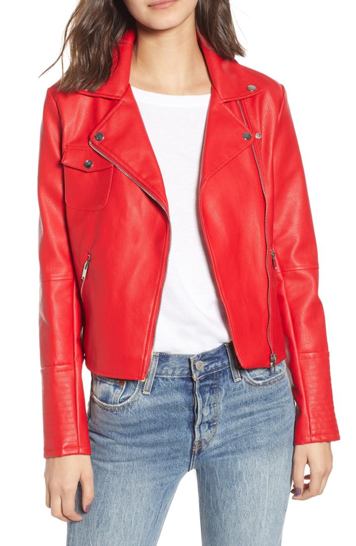 Women's Noisy May Allan Faux Leather Biker Jacket - Red