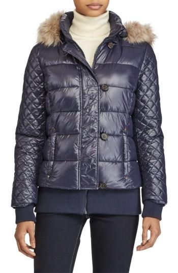 Women's Lauren Ralph Lauren Quilted Jacket With Faux Fur Trim - Blue