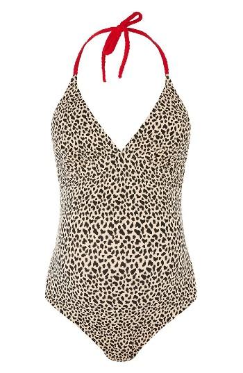 Women's Topshop Leopard Halter Maternity One-piece Swimsuit Us (fits Like 0-2) - Brown