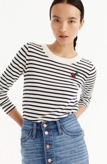 Women's J.crew Stripe Tippi Wool Sweater With Cherry Patch, Size - Ivory