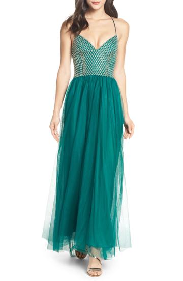 Women's Sequin Hearts Embellished Bodice Gown - Green