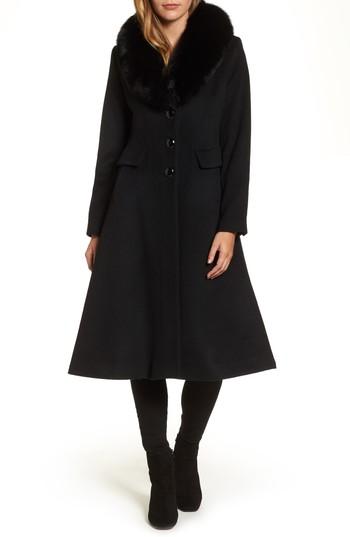 Women's George Simonton Couture Long Wool Blend Coat With Genuine Fox Fur Collar