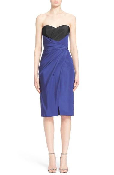 Women's J. Mendel Strapless Silk Sweetheart Neck Pleat Wrap Dress - Blue