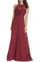 Women's Hayley Paige Occasions Lace Halter Overlay Chiffon Gown - Burgundy