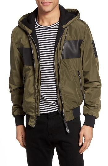Men's Mackage Leather Trim Hooded Bomber Jacket