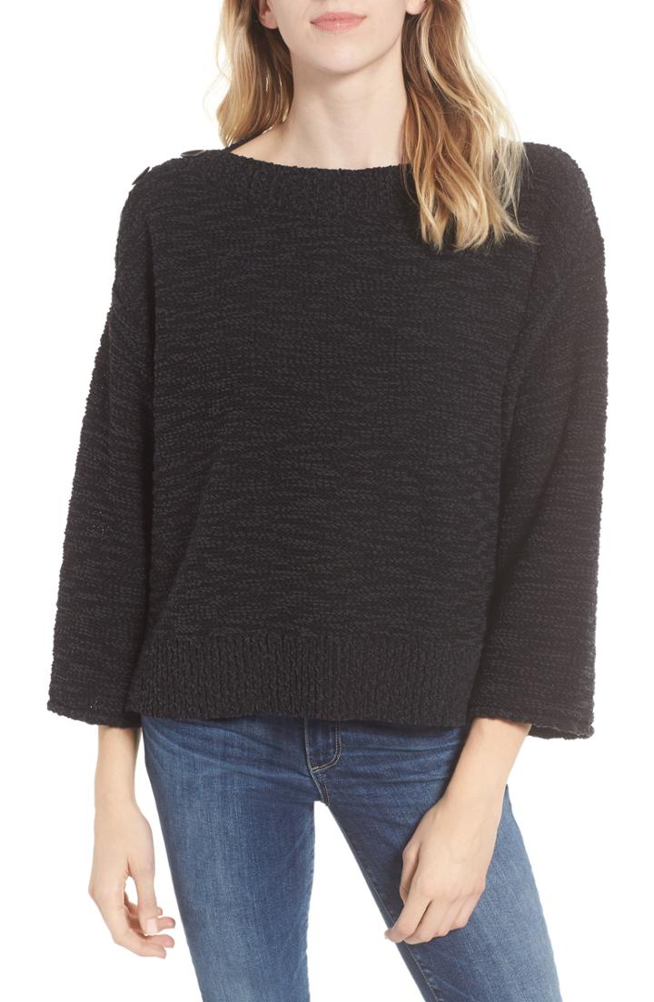 Women's Caslon Button Shoulder Boat Neck Sweater - Black