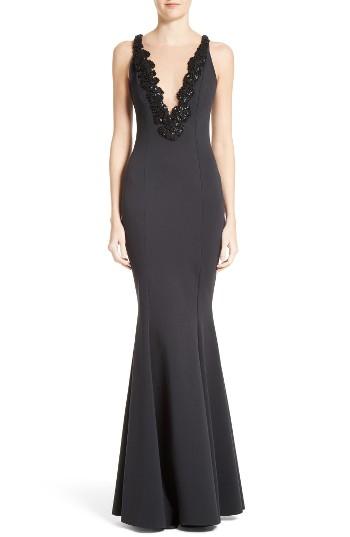 Women's Rachel Gilbert Embellished Illusion V-neck Trumpet Gown