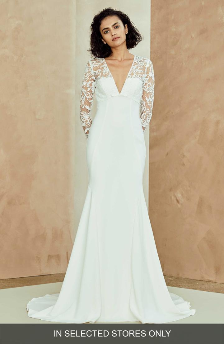 Women's Nouvelle Amsale Julianna Lace & Crepe Trumpet Gown, Size - Ivory