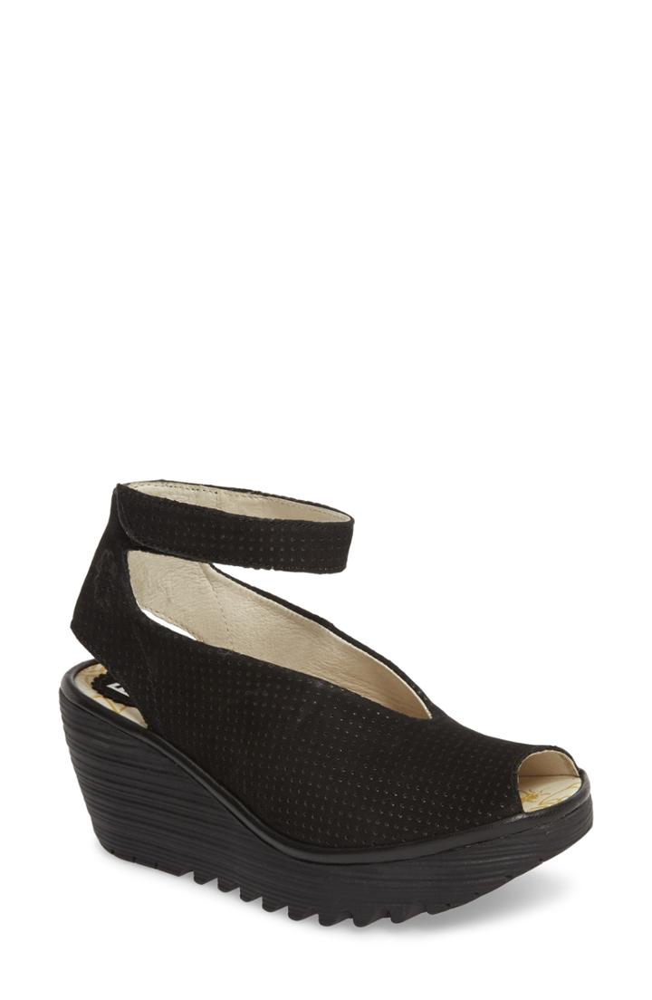 Women's Fly London 'yala' Perforated Leather Sandal -9.5us / 40eu M - Black
