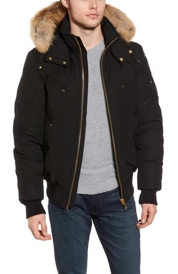 Men's Moose Knuckles Red Deer Slim Bomber Jacket With Genuine Fox Fur Trim - Black