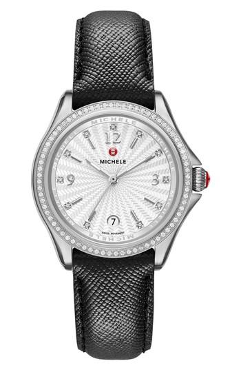 Men's Michele Belmore Diamond Diamond Dial Leather Strap Watch, 37mm