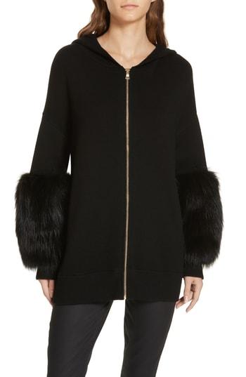 Women's Alice + Olivia Joey Genuine Fox Fur Cuff Hoodie - Black