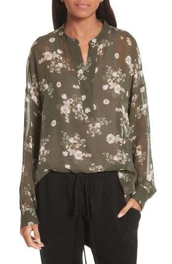 Women's Vince Shirred Floral Silk Blouse - Green