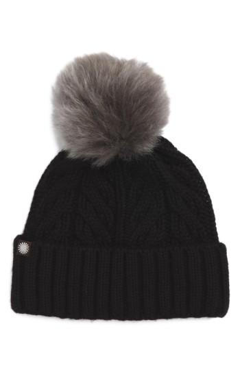 Women's Ugg Cable Knit Cuff Hat With Genuine Shearling Pom - Black