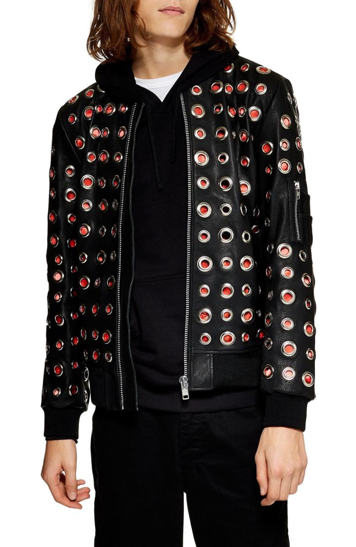 Men's Topman Eyelet Classic Leather Bomber Jacket - Black