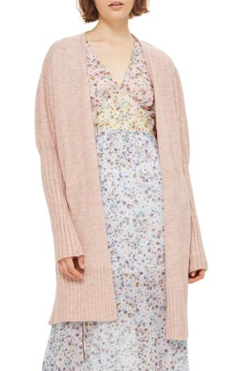Women's Topshop Puff Sleeve Longline Cardigan Us (fits Like 0) - Pink
