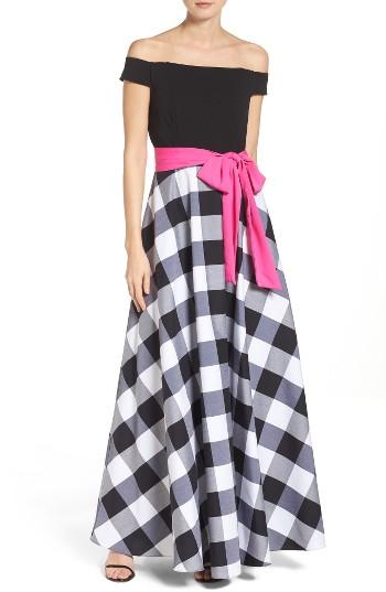 Women's Eliza J Jersey & Check Crepe De Chine Off The Shoulder Maxi Dress