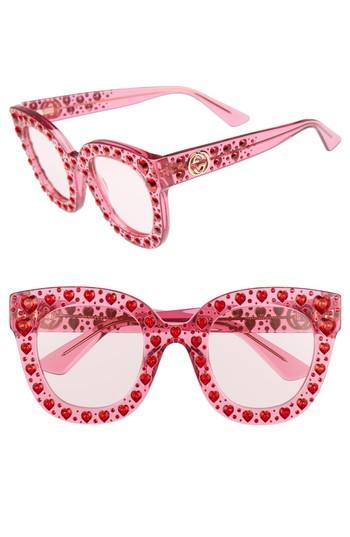 Women's Gucci 49mm Crystal Heart Sunglasses - Fuchsia