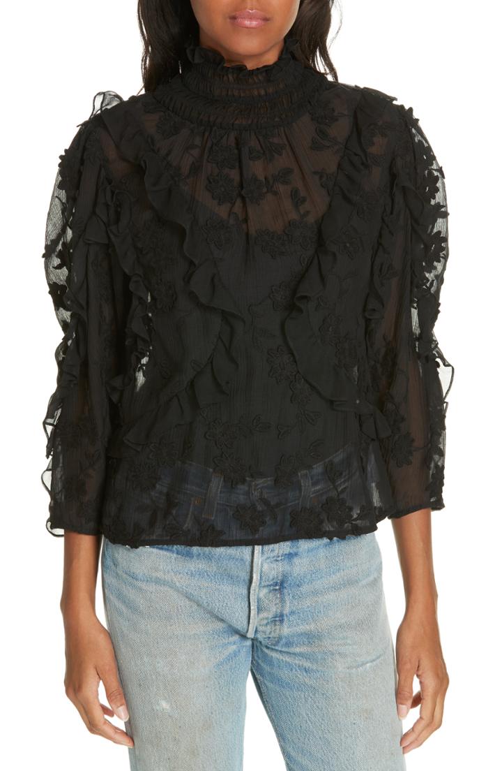 Women's Rebecca Taylor Ruffle Embroidered Silk Top - Black