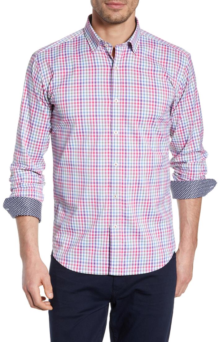 Men's Bugatchi Shaped Fit Check Performance Sport Shirt - Red