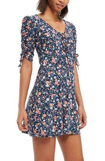 Women's Topshop Tie Sleeve Floral Minidress Us (fits Like 0) - Blue