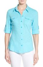 Petite Women's Caslon Roll Sleeve Cotton Knit Shirt, Size P - Blue