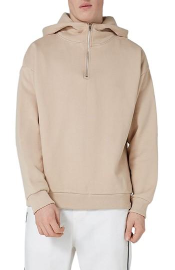 Men's Topman Premium Zip Neck Hoodie - Beige