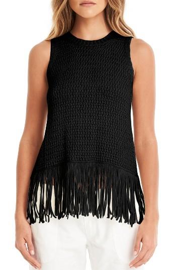 Women's Michael Stars Split Back Fringe Tank - Black
