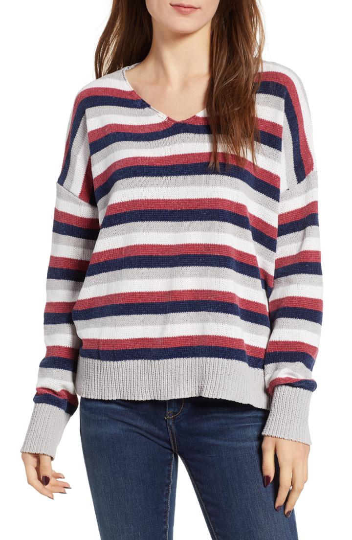 Women's Woven Heart Stripe Crewneck Chenille Sweater