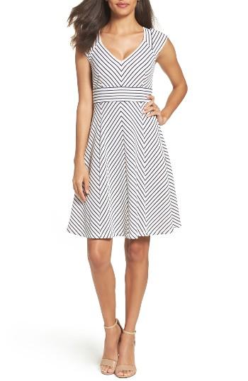 Petite Women's Adrianna Papell Stripe Fit & Flare Dress P - White