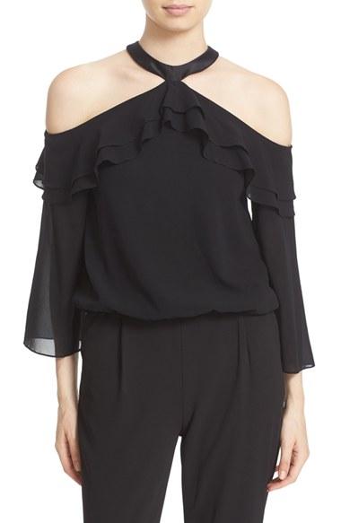 Women's Alice + Olivia 'layla' Stretch Silk Cold Shoulder Ruffle Top