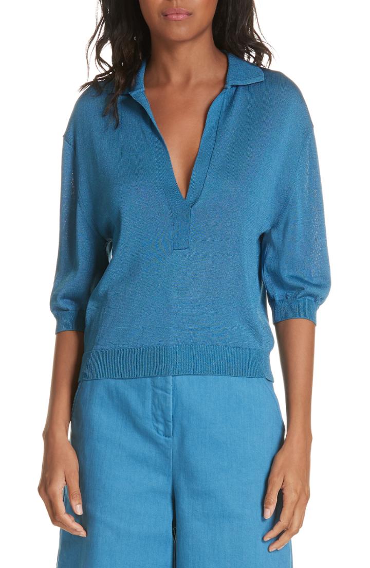 Women's Tibi Plunging Polo Sweater, Size - Blue