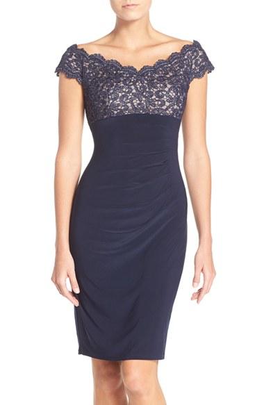 Petite Women's Xscape Lace & Jersey Off The Shoulder Sheath Dress P - Blue