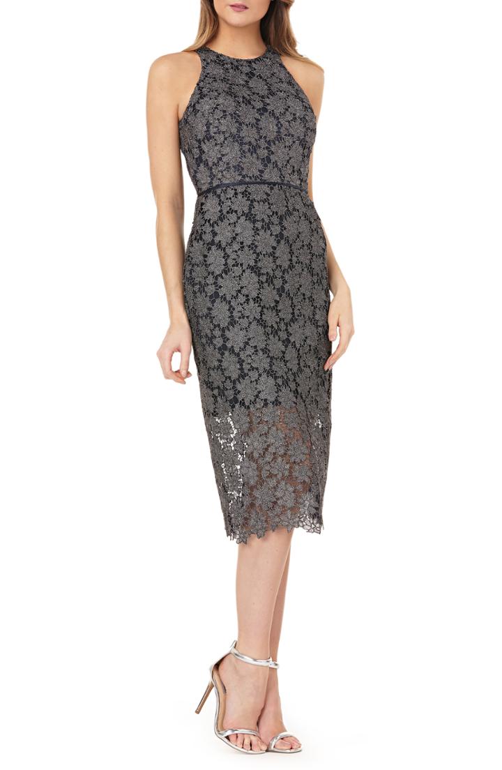 Women's Js Collections Metallic Lace Midi Sheath Dress