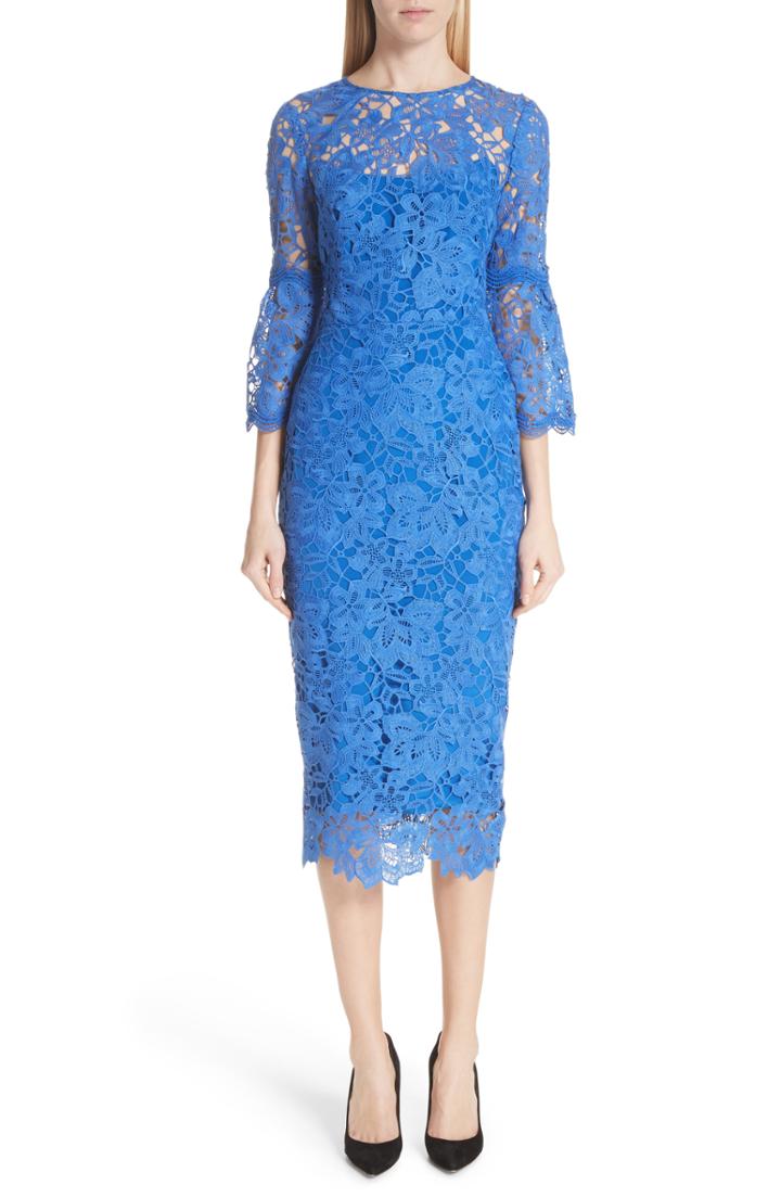 Women's Lela Rose Flounce Sleeve Lace Sheath Dress