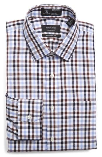 Men's Nordstrom Men's Shop Smartcare(tm) Traditional Fit Plaid Dress Shirt 33 - Brown