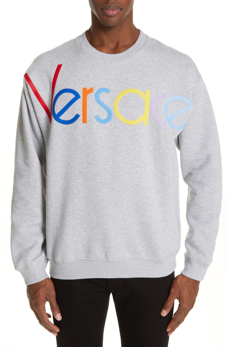 Men's Versace Multicolor Logo Applique Sweatshirt - Grey