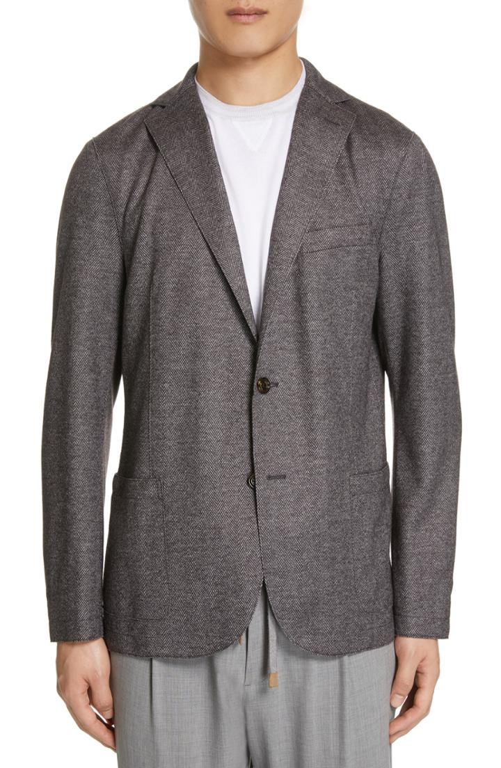 Men's Eleventy Trim Fit Herringbone Wool Blend Sport Coat Us / 50 Eu R - Brown